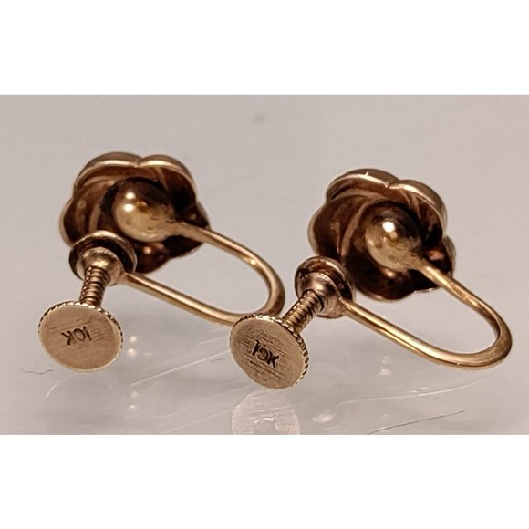 Vintage 10k Yellow Gold Small Flower Pink Paste Rhinestone Screw Back Earrings - Picture 5 of 6